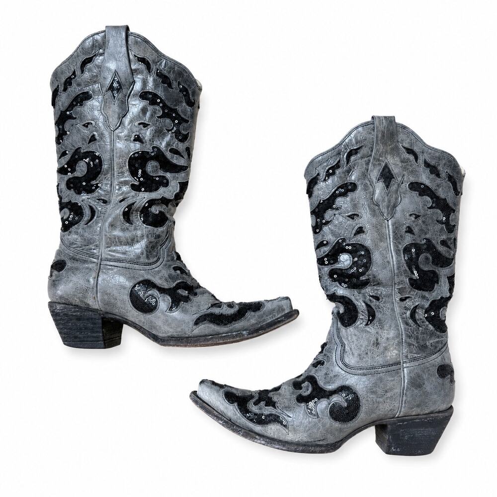 Corral A1065 Distressed Charcoal Gray Leather Sequin Floral Western Boots Sz 9